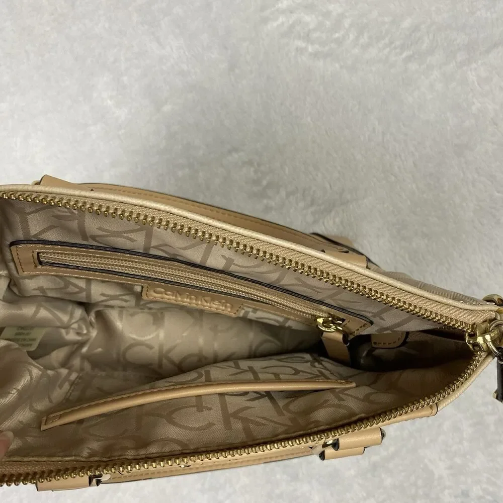 Calvin Klein Beige Logo Jacquard Satchel Handbag Top Handle Purse Zip No Strap